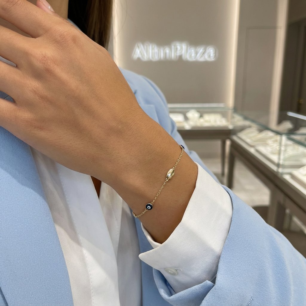 14 Ayar Altın İnce Zincirli Minimal Nazar Bileklik 630578