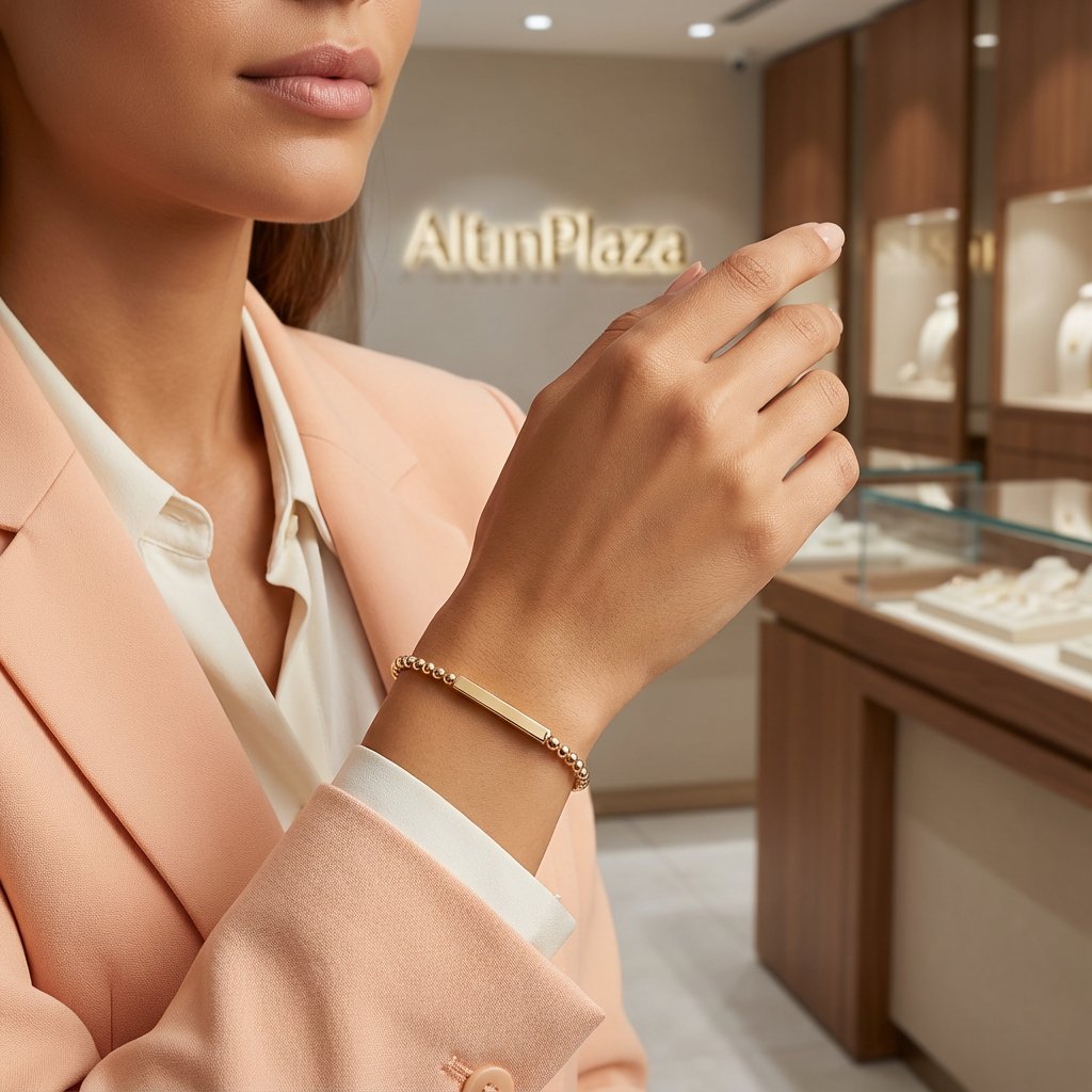 14 Ayar Altın Küçük Toplar Plaka Detay Bileklik 649061