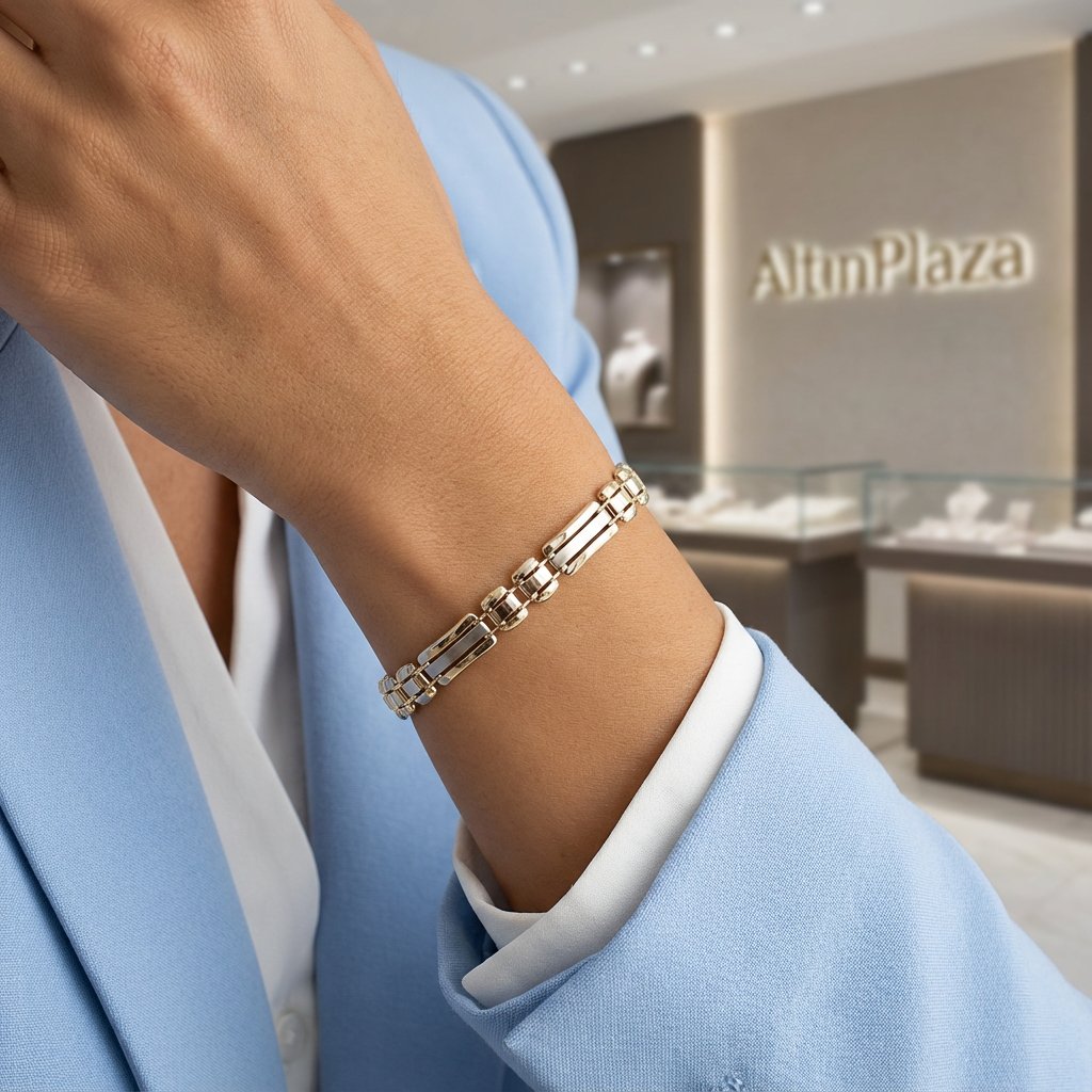 14 Ayar Sarı-Beyaz Altın Orta Şeritli Edge Bileklik 397597