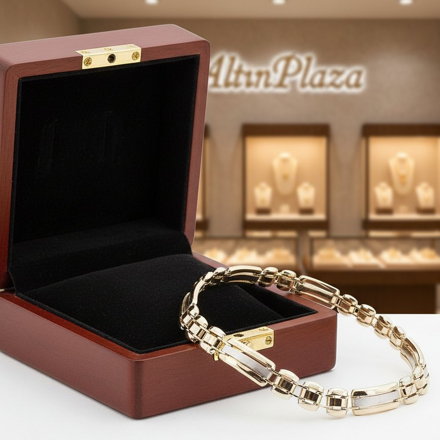 14 Ayar Sarı-Beyaz Altın Orta Şeritli Edge Bileklik 397597